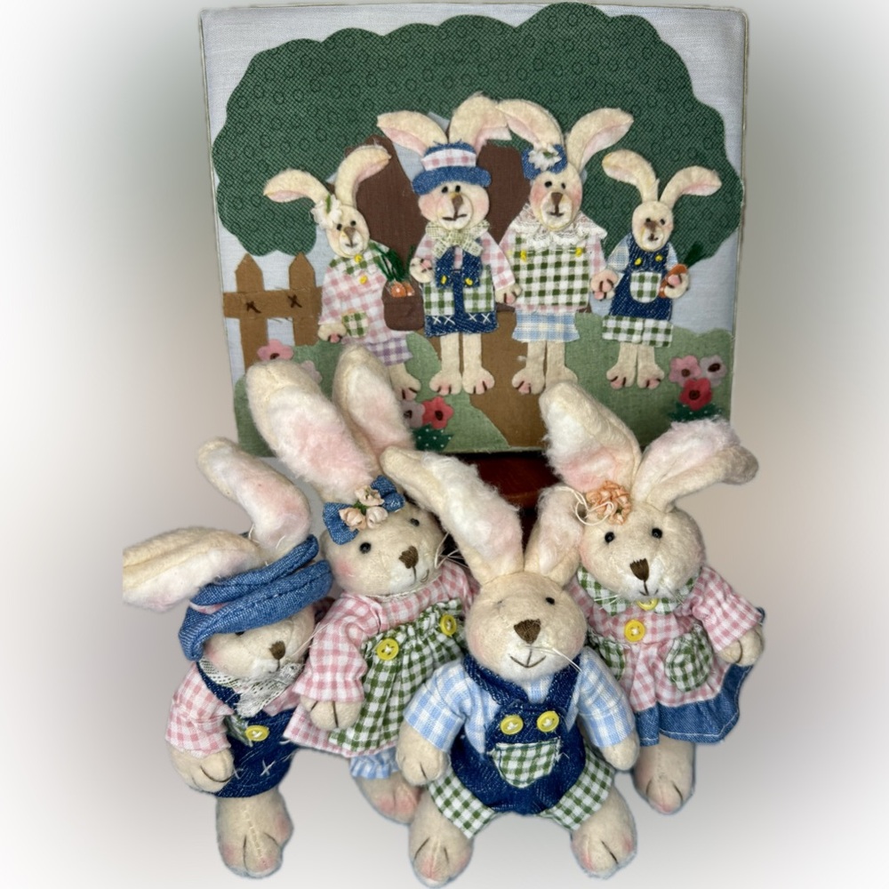 Folk Art Bunny Family of 4 Fabric Art Box Set Cottage Core Easter Magic!